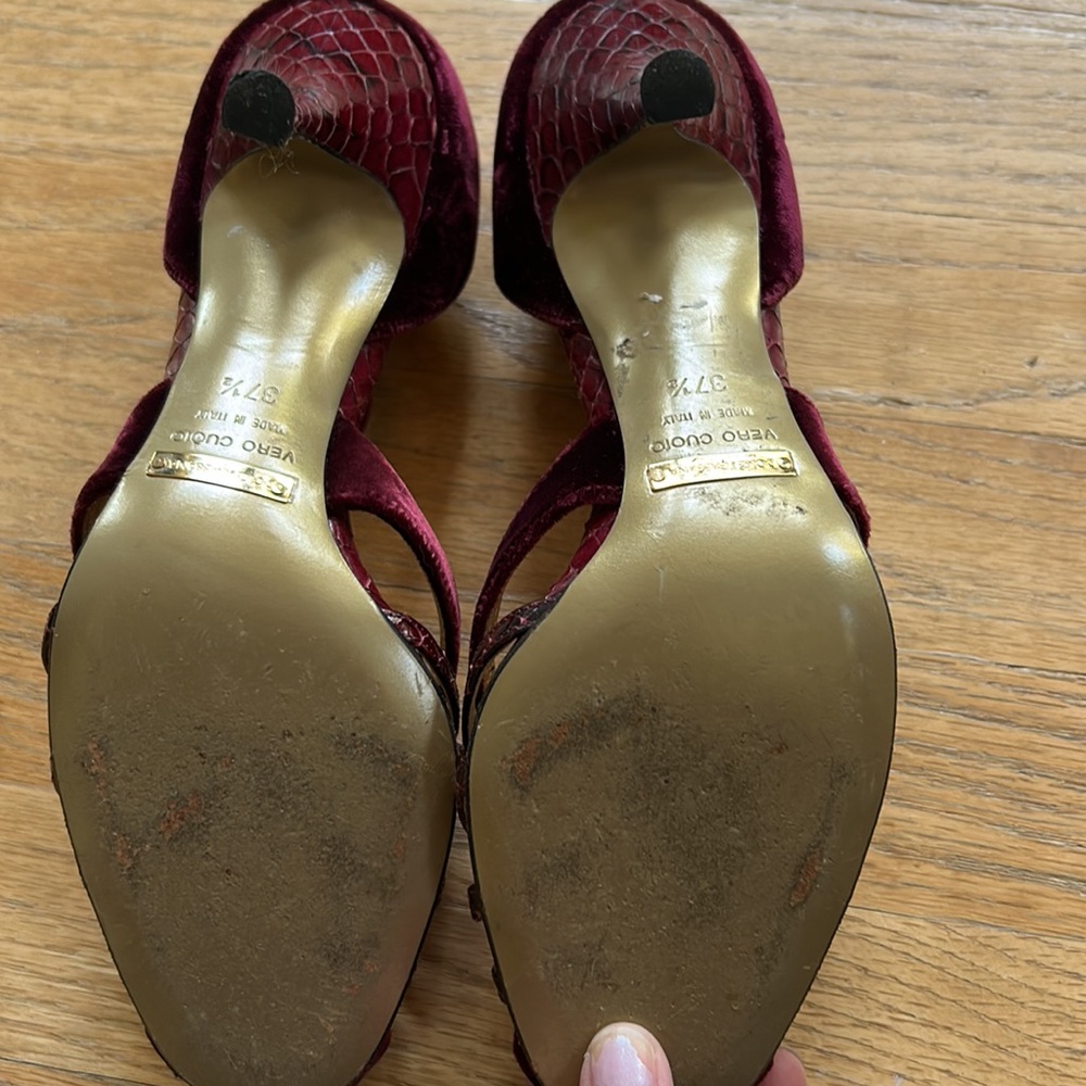 Dolce & Gabbana Velvet and Leather Burgundy Heels - Picture 8 of 9
